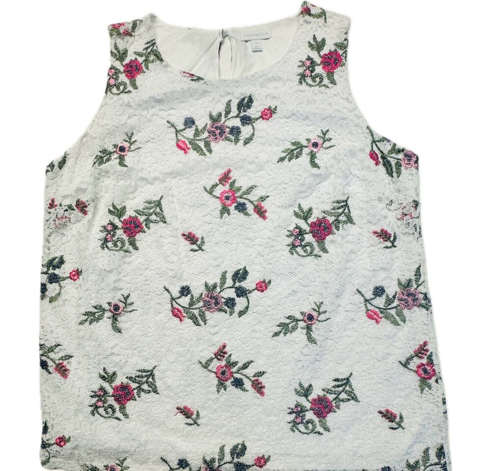 Charter Club Cottagecore Lacey Overlay Embroidered Floral Top Women 1X White